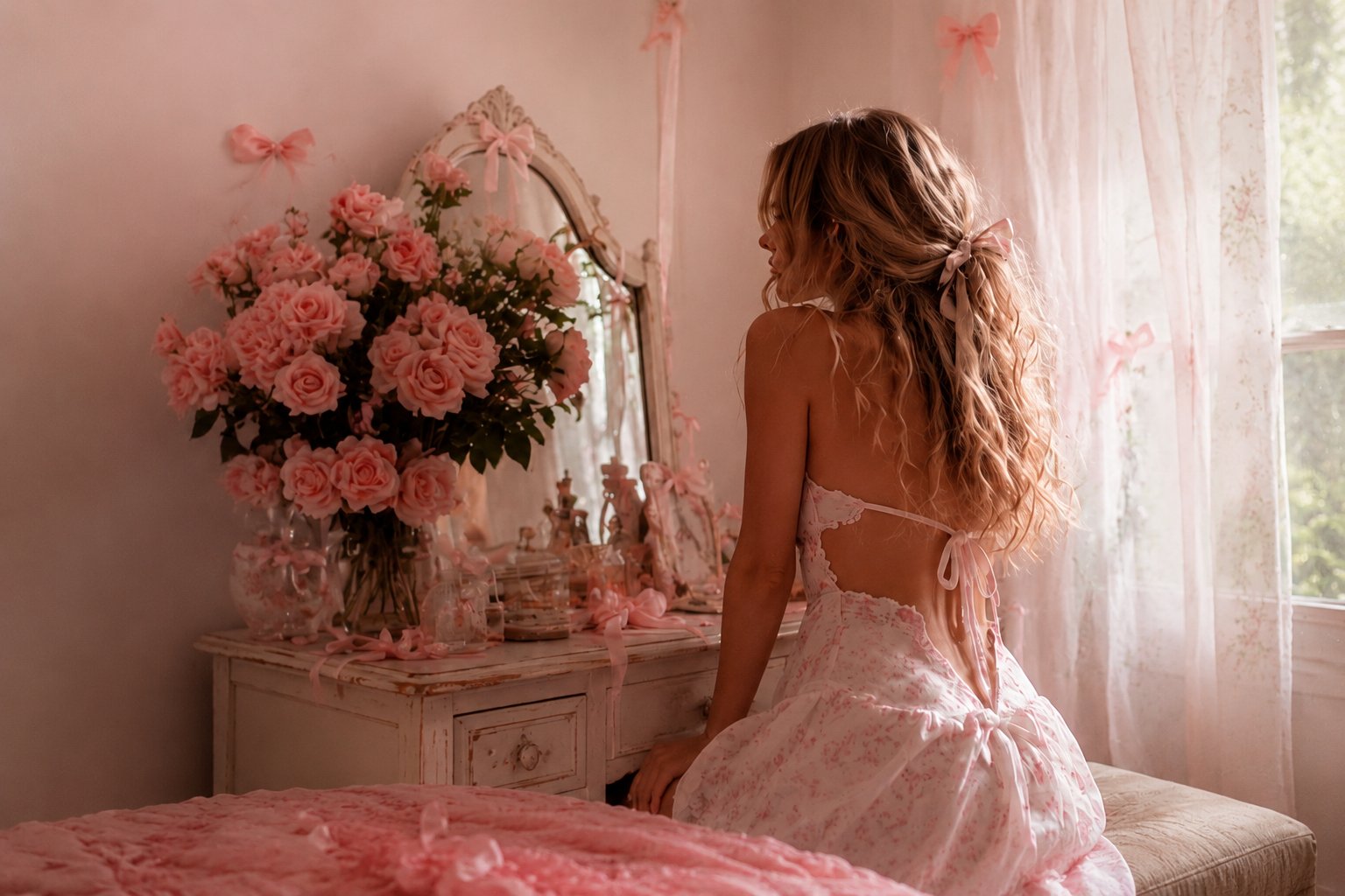 Model in a romantic pink floral dress facing a vintage vanity mirror surrounded by roses and ribbon bows
